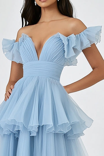 Sky Blue Off The Shoulder Ruched A Line Tiered Formal Dress